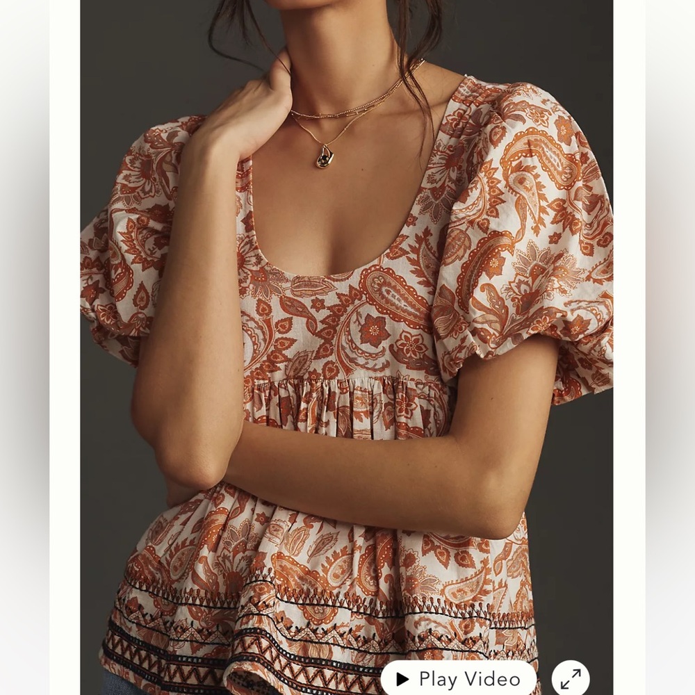 By Anthropologie Puff-Sleeve Babydoll Blouse in Orange Motif, Size Medium, NWOT